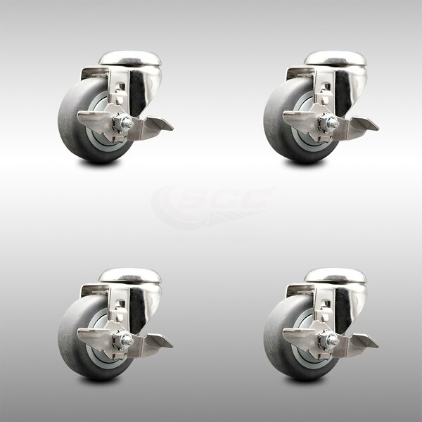 3 Inch 316SS Thermoplastic Rubber Wheel Swivel Bolt Hole Caster Set with Brake